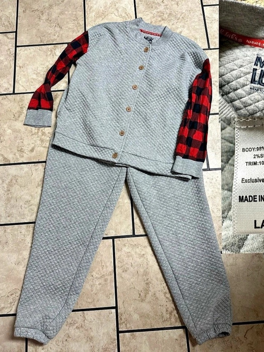 MUK LUKS Quilted Plaid Trim Two-Piece Set Size Large Like New